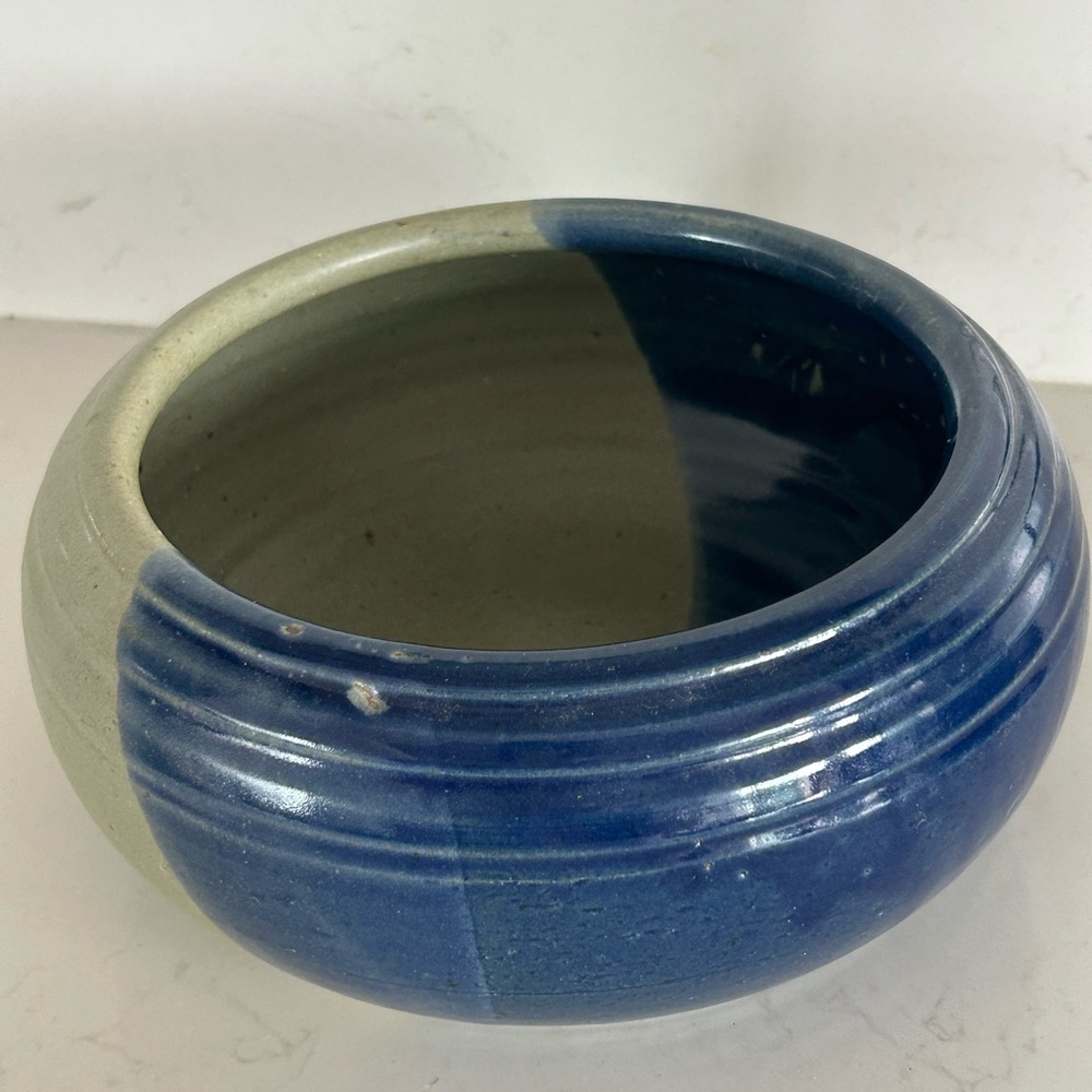 Ceramic Bowl, red-ware, blue and gray, artist signed